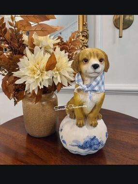 Fall Golden Retriever Lab Dog Blue Toile Chinoiserie White Pumpkin Figure Decor